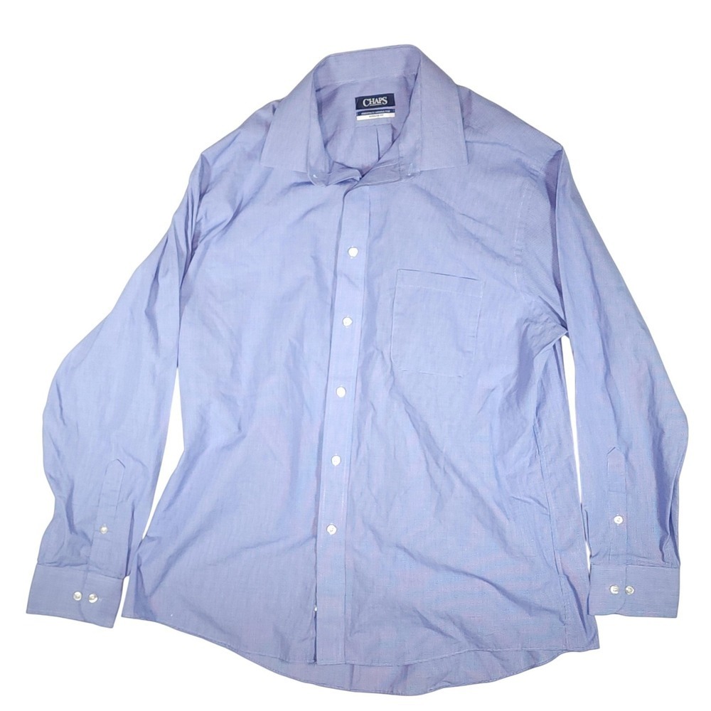 Chaps Dress Shirt Mens 17.5 34/35 Blue Check Essentials Wrinkle Free Regular Fit - Picture 3 of 9
